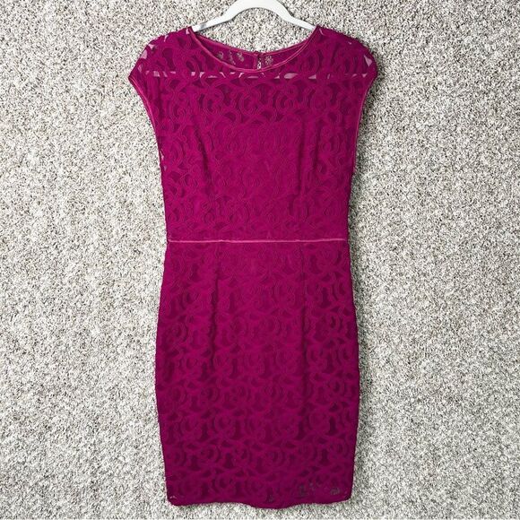 Adrianna Papell Dress Women’s 6 Lace Magenta Purple Short Sleeve Sheath - Picture 1 of 6